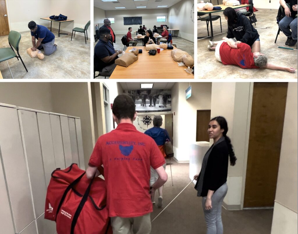 Photo collage: 3 smaller images over one large image. Image, Qualik a BISM STAR Youth Coordinator, practices compressions on a mannequin Image two: Martin of Accessibility Inc addresses the students and instructors before the CPR training. Image three: Casey, takes a turn putting instructor Christine in the recovery position. Large image: The camera catches Braden and Juhi chatting and walking away, Juhi’s head turned slightly to Braden, carrying a large red cross bag and sporting a red polo shirt, on the back: Accessibility Inc just above a pair of hands shaking. Text below reeds: A helping hand.